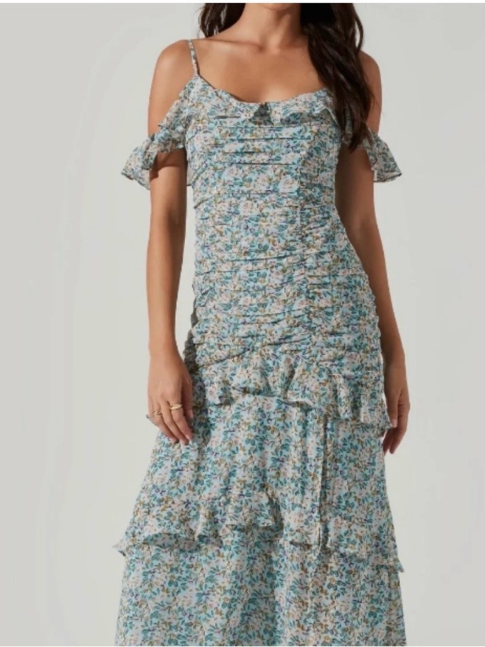 Astr Daisy Dell Floral Ruffle Cold Shoulder Midi Dress